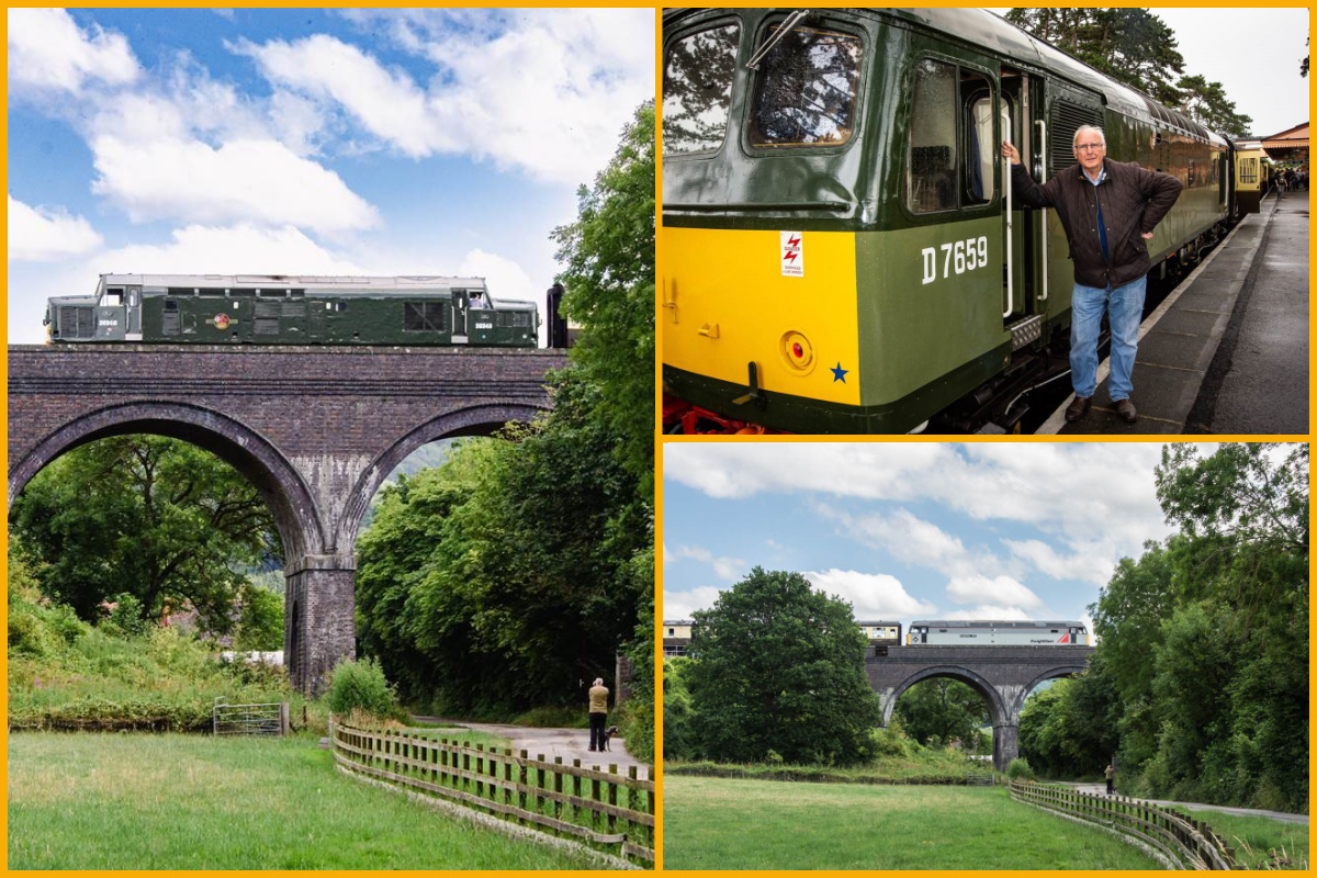 Image of Pete Waterman with D7659 at Broadway, 47376 and D6948 crossing Stanway viaduct taken by Ian Crowder